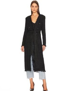 L'Agence Oakley Black Longline Duster Coat with Fringe Trim NWOT